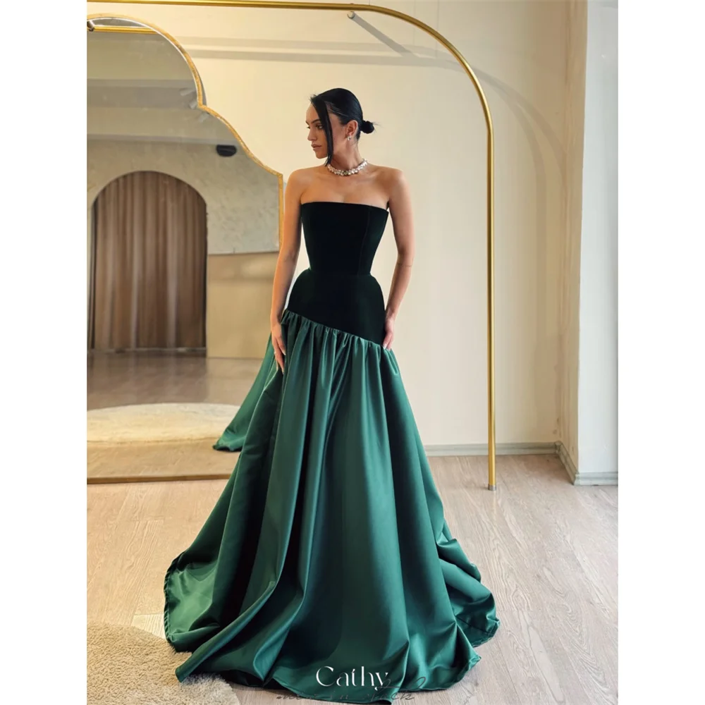 Cathy personalizado verde sem alças veludo vestido de baile sem mangas a linha cetim vestidos de noiva até o chão vestidos de noite 2025