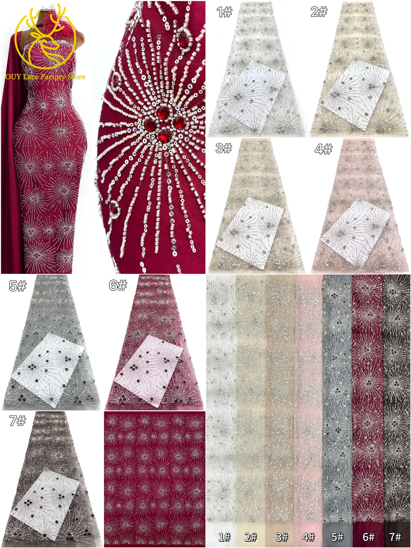 Neues Design Französische Edelstein-Spitzenstoffe 5 Meter Nigerianische Perlen-Pailletten-Spitze Afrikanischer Spitzenstoff für Hochzeitskleider – Detail 3