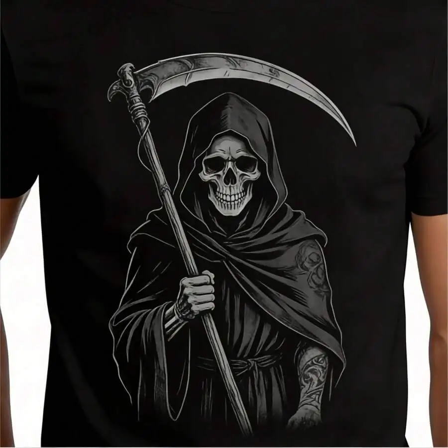 Men's Grim Reaper Skull Design T-Shirt Short Sleeve Tee For Gym, Parties, Festivals, And Daily Wear 100% Cotton Trendy Y2K