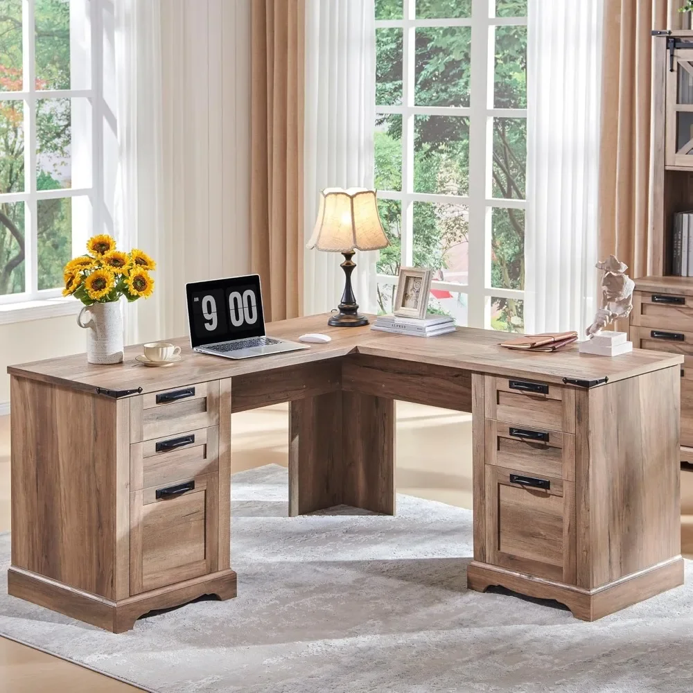 

Farmhouse L Shaped Executive Desk with Drawers, Wood Home Office Corner Desks with Charging Station, File Drawer