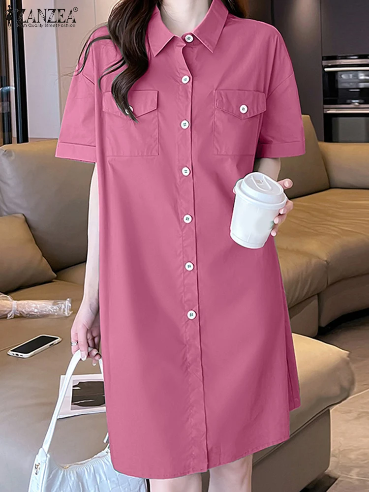 ZANZEA verano elegante solapa cuello manga corta vestido veraniego mujer camisa vestido elegante sólido OL vestido de trabajo hasta la rodilla Vestidos Kaftan