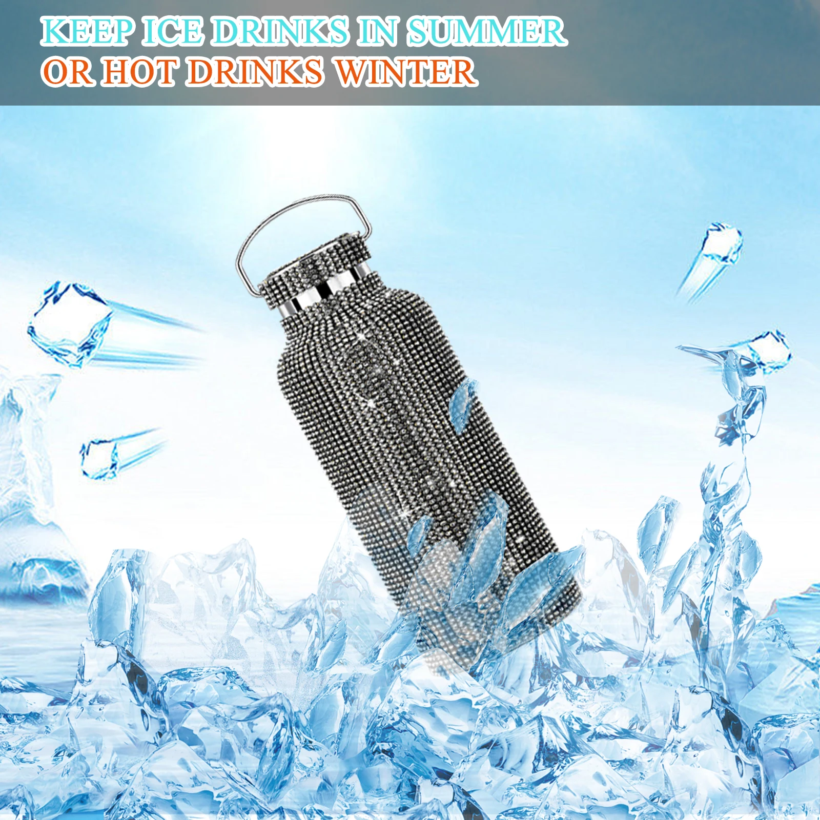 350ml/500ml/750ml Diamond Thermos Bottle Portable Diamond-encrusted Mug Reusable Easy Clean for Women Outdoor Traveling Products