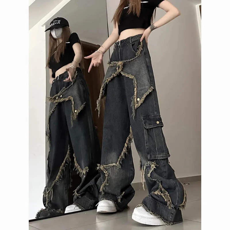 Retro High Waisted Workwear Jeans Women's High Street Straight Leg Loose Fit Slimming Wide Leg Floor Pants