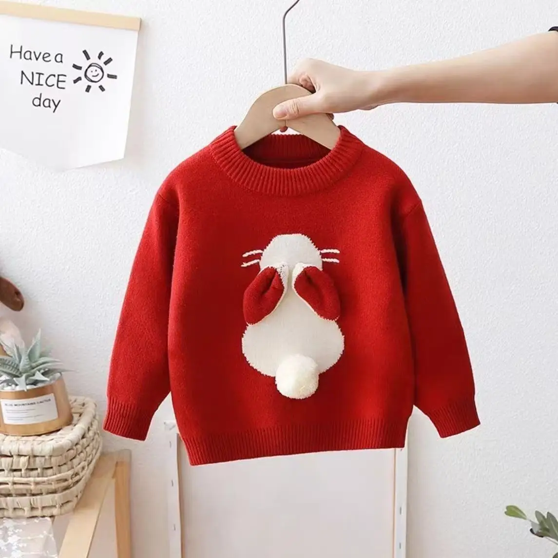 

Girls' One-piece Velvet Sweater Children's Cartoon Rabbit Western-style Girl Baby With Added Velvet Knitted Top 90-140CM