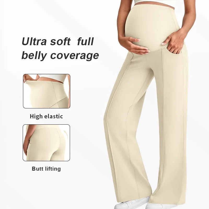 マタニティストレートレッグパンツ-ハイウエスト-ストレッチ性のある通気性のあるワイドレッグパンツ-秋冬用