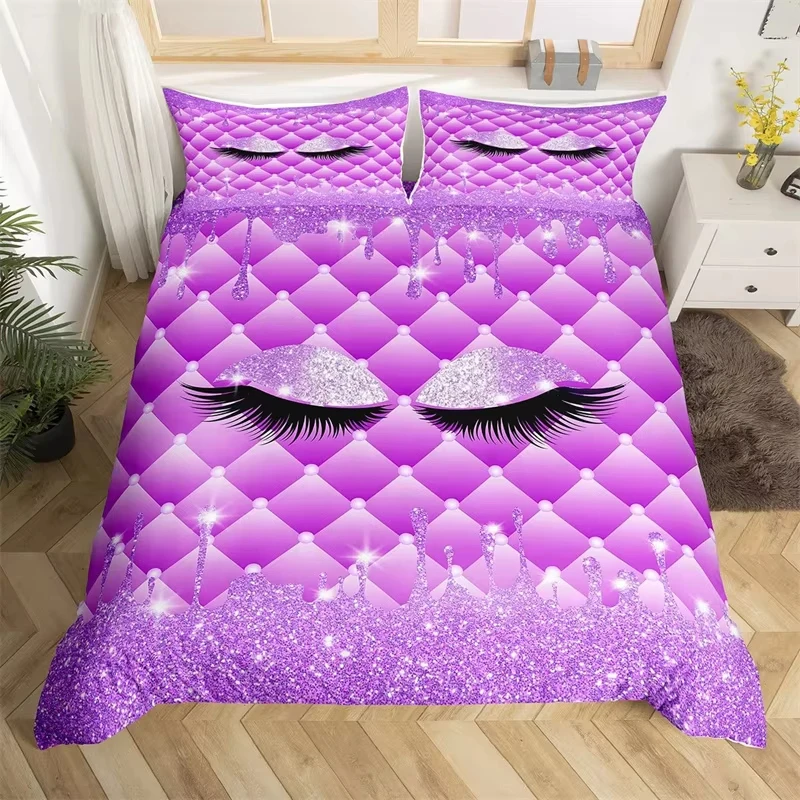 Attractive Long Eyelashes Duvet Cover Full For Girls Teens Glitter Sweet Bedding Set Microfiber Geometric Patchwork Quilt Cover