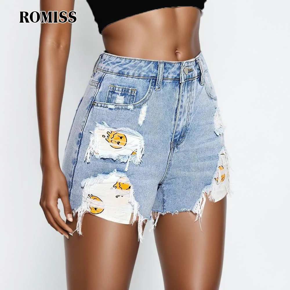 

ROMISS Print Streetwear Denim Trousers For Women High Waist Patchwork Pockets Hit Color Hole Hollow Out Slim Shorts Female New