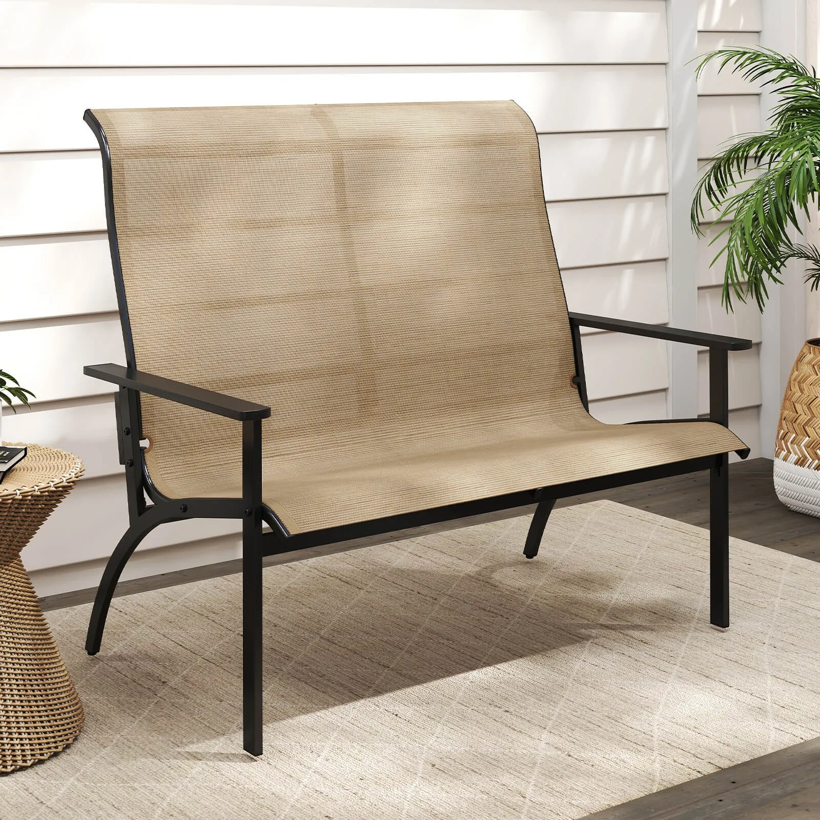 2-Person Patio Garden Bench with High Back and Armrests 880 lbs Weight Capacity