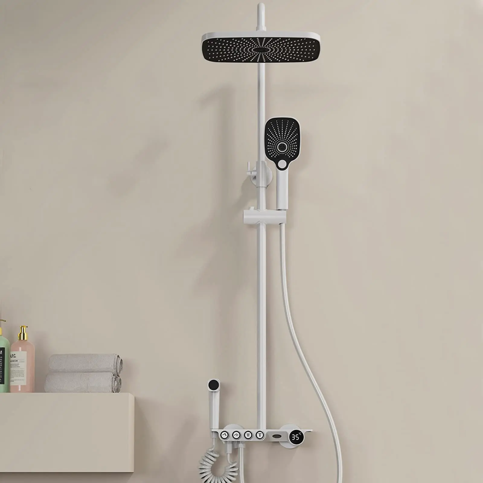 Intelligent Piano Key Digital Display Porcelain White Bathroom Shower Set Rainfall System Hot and Cold 4-Function Shower Set