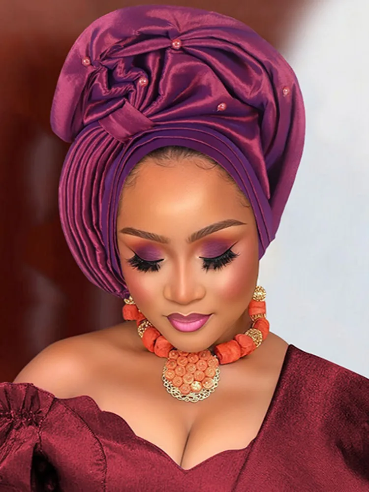 

African Lady Head Wraps Knoted Turban Cap For Women Nigeria Raw Silk Autogele Headtie Party Headwear Wedding Auto Geles Turbante