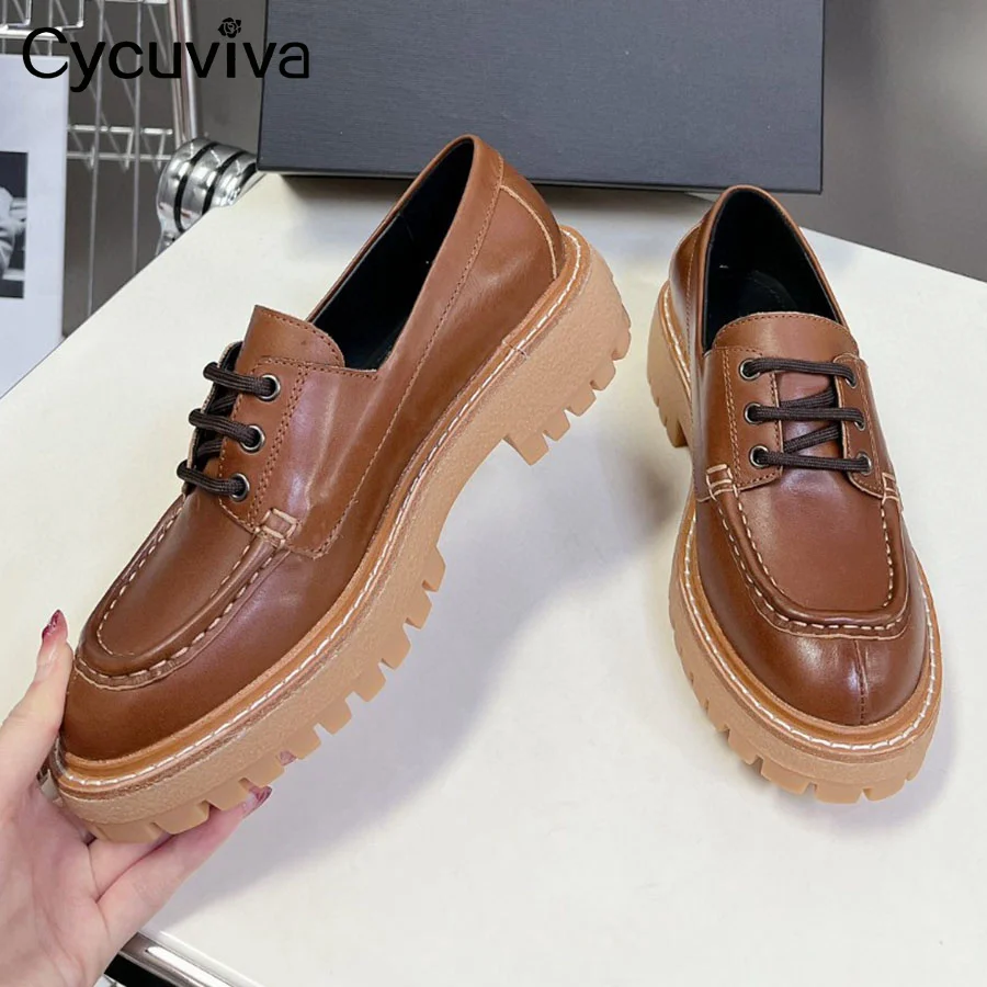 Autumn Brand Leather Sneakers Women Thick Sole Lace Up Outdoor Flat Platform Shoes Casual Party Vacation Walking Shoes For Woman