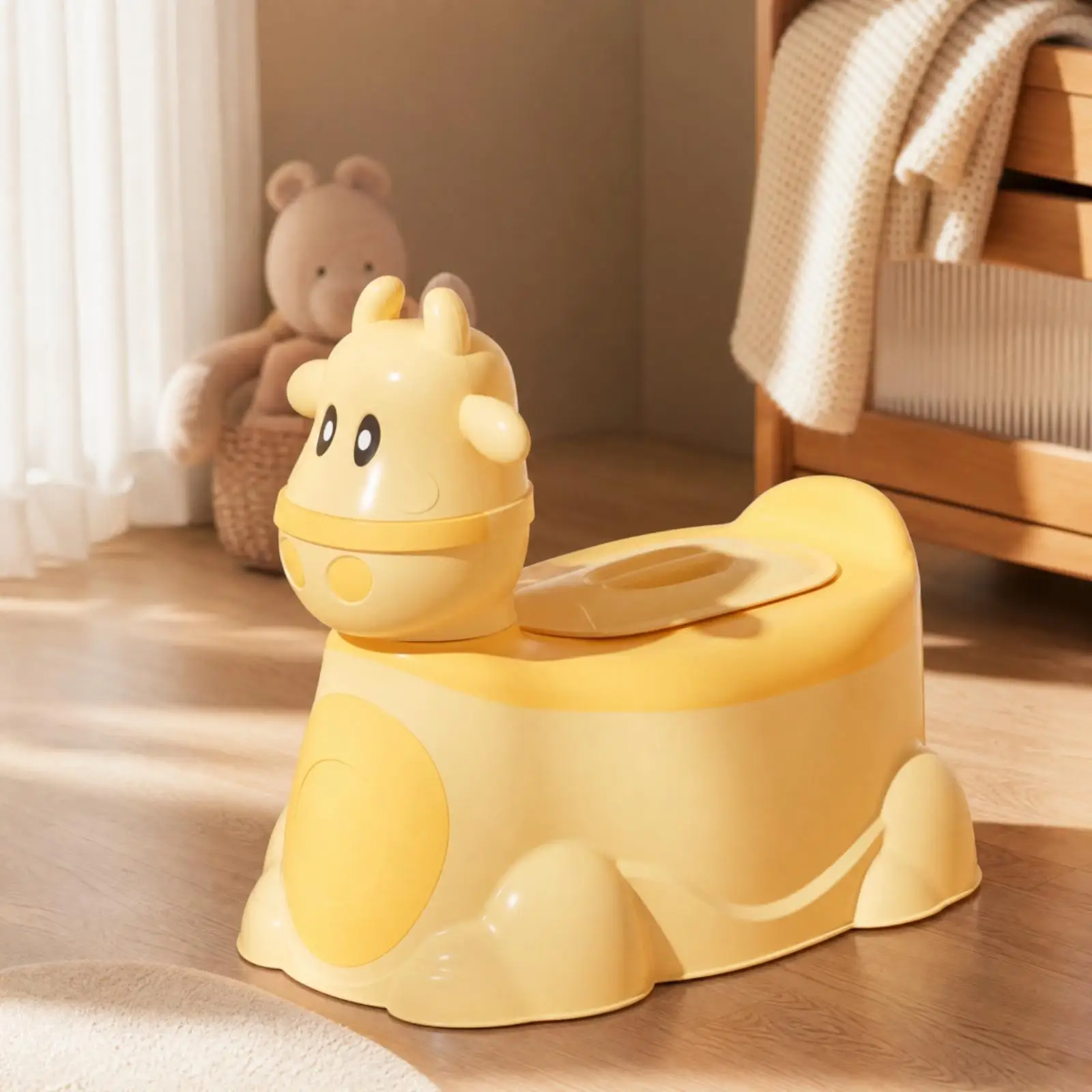 Child Sized Potty Chair with Side Handles and Rolling Wheels for Easy Movement Training Aid