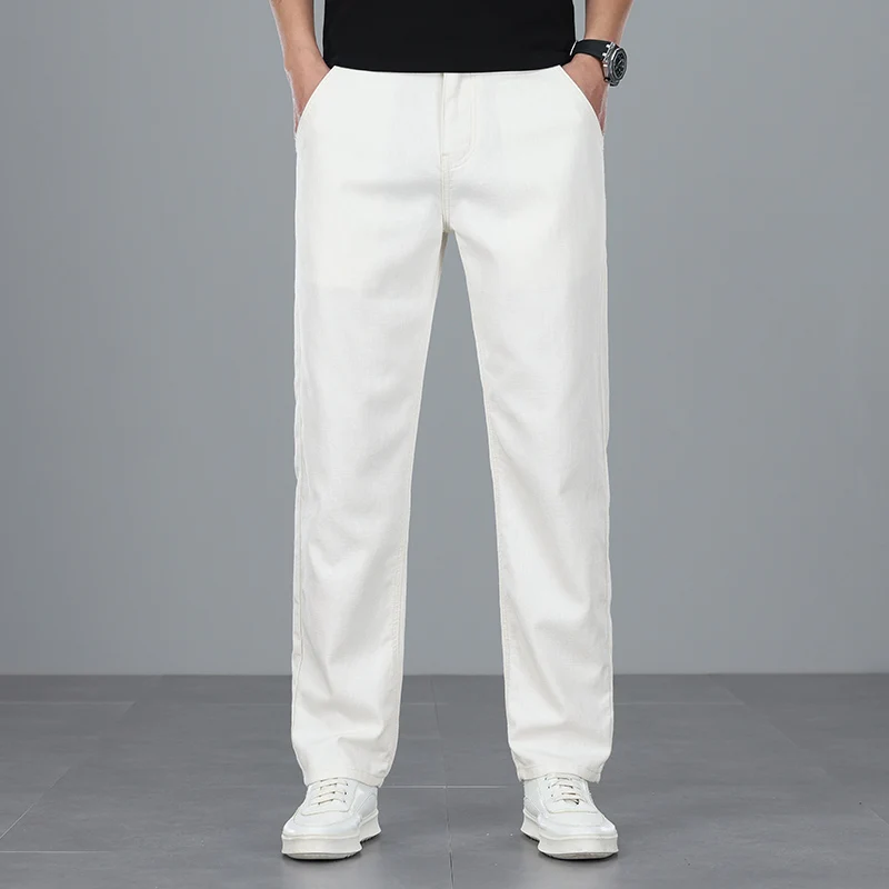 

Lyocell Linen Blend Men's Jeans High Quality Breathable Comfort Straight Business Casual Denim Pants Classic Brand Trousers