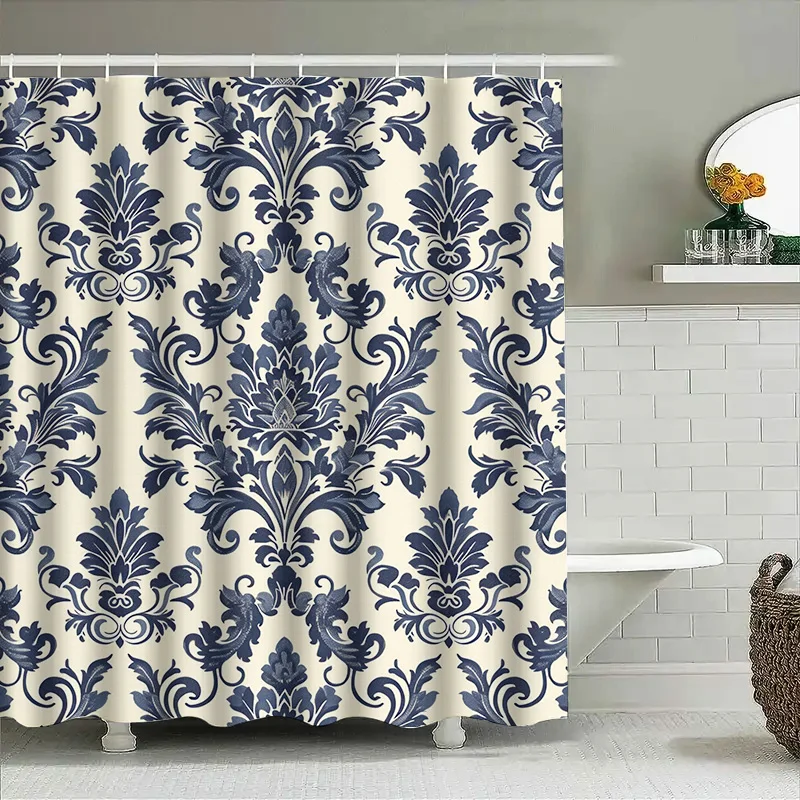

Винтажная дамасская занавеска для душа, водостойкий декор для ванной комнаты, темно-синий, белый цветочный дизайн, коврик для ванной, подкладка, настенное украшение для