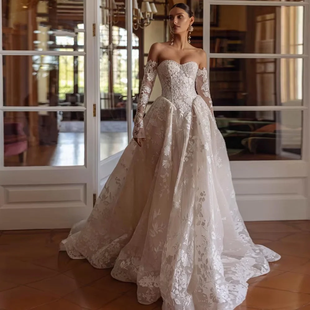 

Customized Lace Applique Wedding Dresses Elegant Sweetheart Half Sleeve For Women Charming Tulle Bridal Gowns Vestidos De Novia
