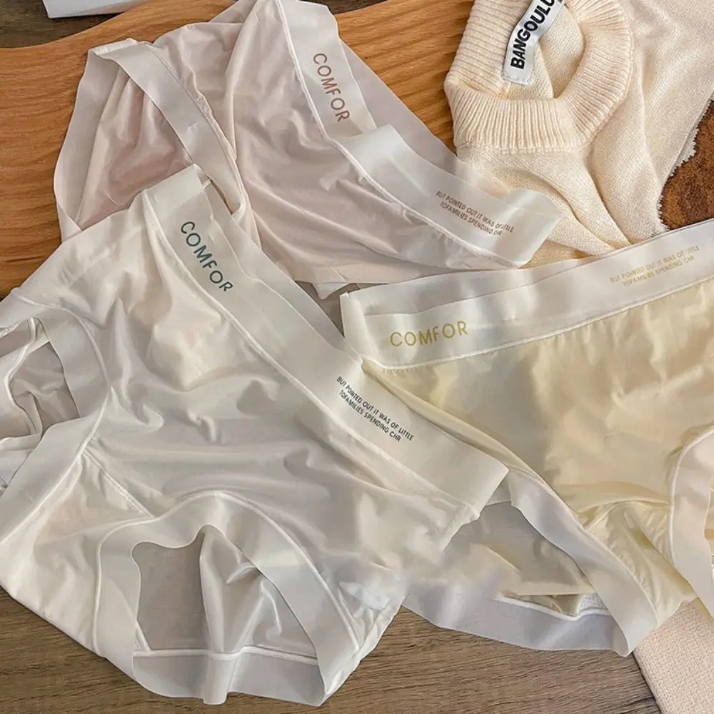 Letter Printed Summer Ice Silk Panties Thin Ruffle Seamless Ice Silk Briefs Female Lingerie Cotton Crotch