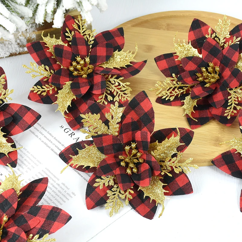 5/10pcs 5.7 Inch Artificial Poinsettias Black Christmas Glitter Flowers with Clips Xmas Tree Flower Ornament Noel Navidad Decor