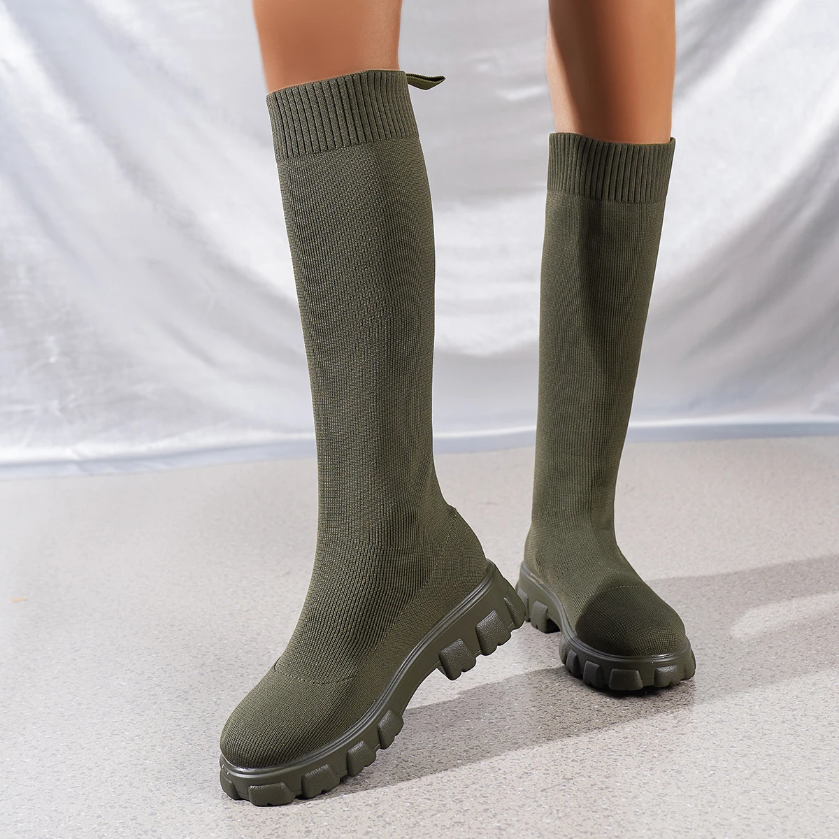 Kniehohe Stiefel für Damen, 2025, Herbst/Winter, modische Damenstiefel, mittelhohe Absätze, sexy, elegante, elastische Socken, Stiefel mit dicker Sohle – Detail 4