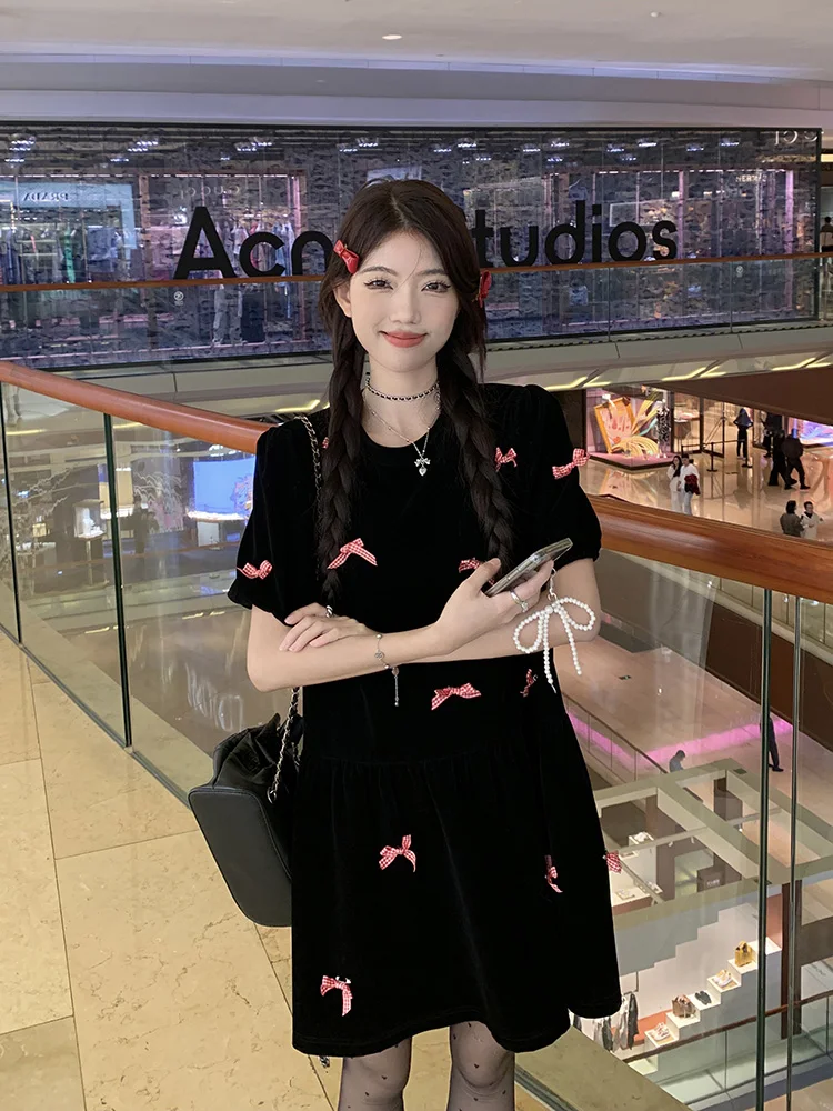 

Sweeet Grils Round Neck 3D Bow Black Velvet Dress for Women Spring New Fashion Loose Casual Short Sleeve A-line Short Dress