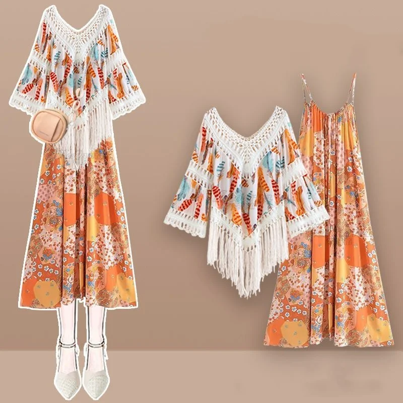 2025 ฤดูร้อนโบฮีเมียนพิมพ์ผ้าคลุมไหล่สลิงชุดชีฟอง 2 ชิ้นชุดผู้หญิงหลวม V คอเสื้อ Camisole ชุดชุด