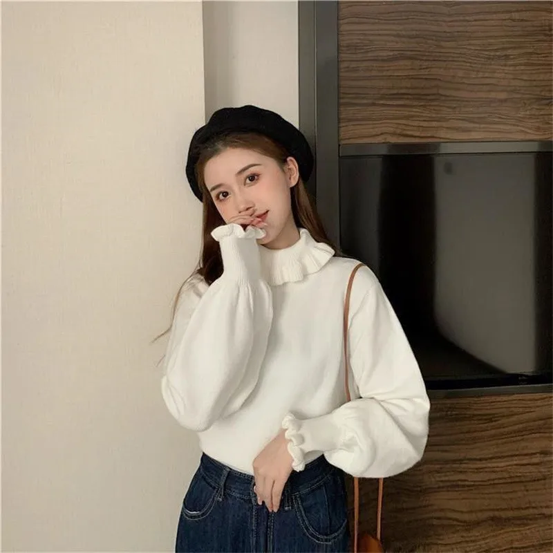 Lolita Turtleneck Knitted Sweater Winter Women Knitwear Vintage Ruffle Cute Girls Long Sleeve Red Jumper Christmas Sweaters