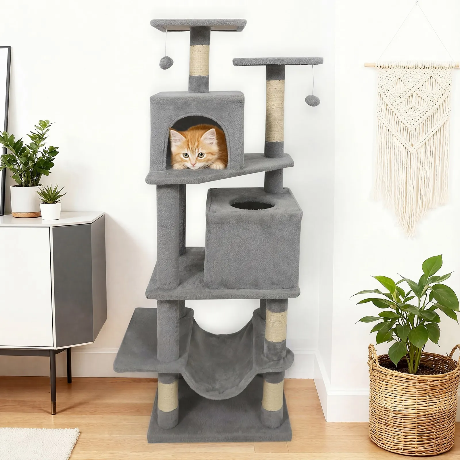 

57" Cat Tree for Indoor Cats w/ Dual Condos Hammock Sisal Scratching Posts