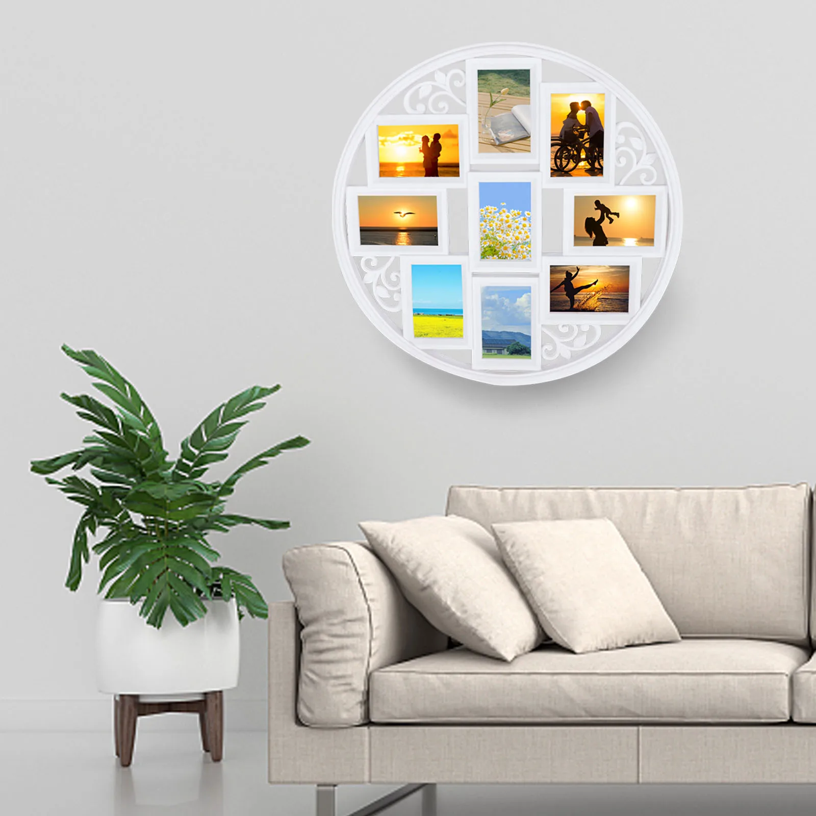 Wall Collage Picture Frames Round Circular Wall hanging Picture Photo Collage Frame with Leaf Decoration Living Room Bedroom