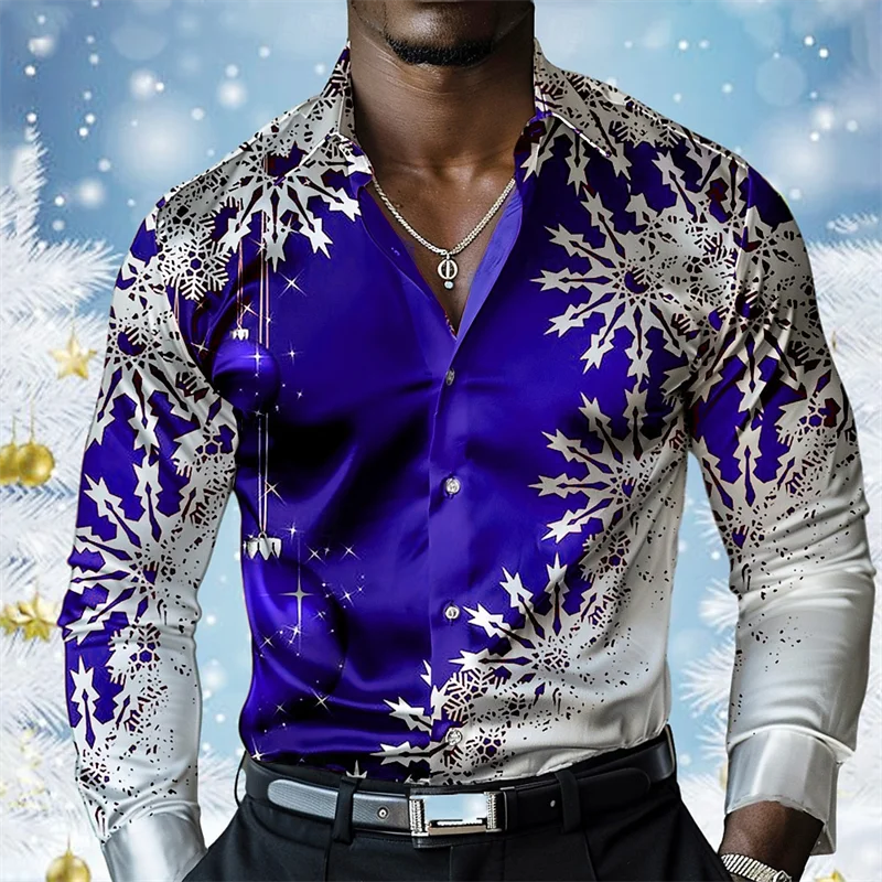 

Colorful Snowflake Pattern Hawaiian Shirts For Men Merry Christmas 3D Printed Blouse Casual Loose Aloha Shirts Long Sleeves Tops
