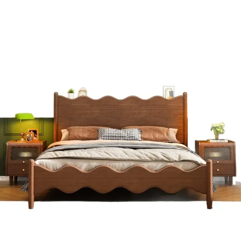 

Nordic medieval style full solid wood modern simple wave bed 1.5 meters 1.8 meters retro double bed master bedroom we