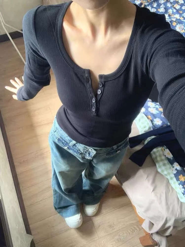 Festive Long Sleeve U Neck Casual Undershirt Ins Chic Slim Minority Exquisite Crop Top Vintage Hop Trendy Moda Mujer