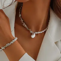 SHIXIN 2Pcs/Set Water Drop Choker Necklace Bracelet for Women Trend Imitation Pearl Clavicle Chain Jewelry Set Neck Accessories