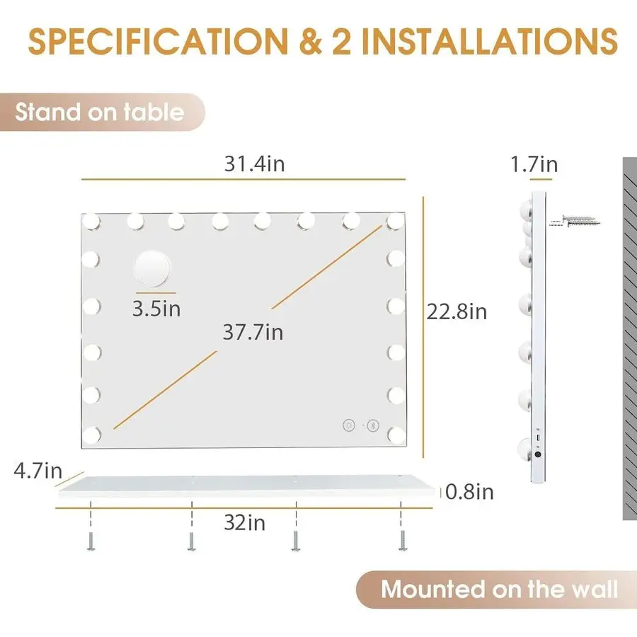 مرآة فانيتي مع أضواء ومكبر صوت بلوتوث 32x 22.8 مرآة مكياج هوليوود مع 18 لمبة LED، مرآة كبيرة مضاءة مع 3 #6