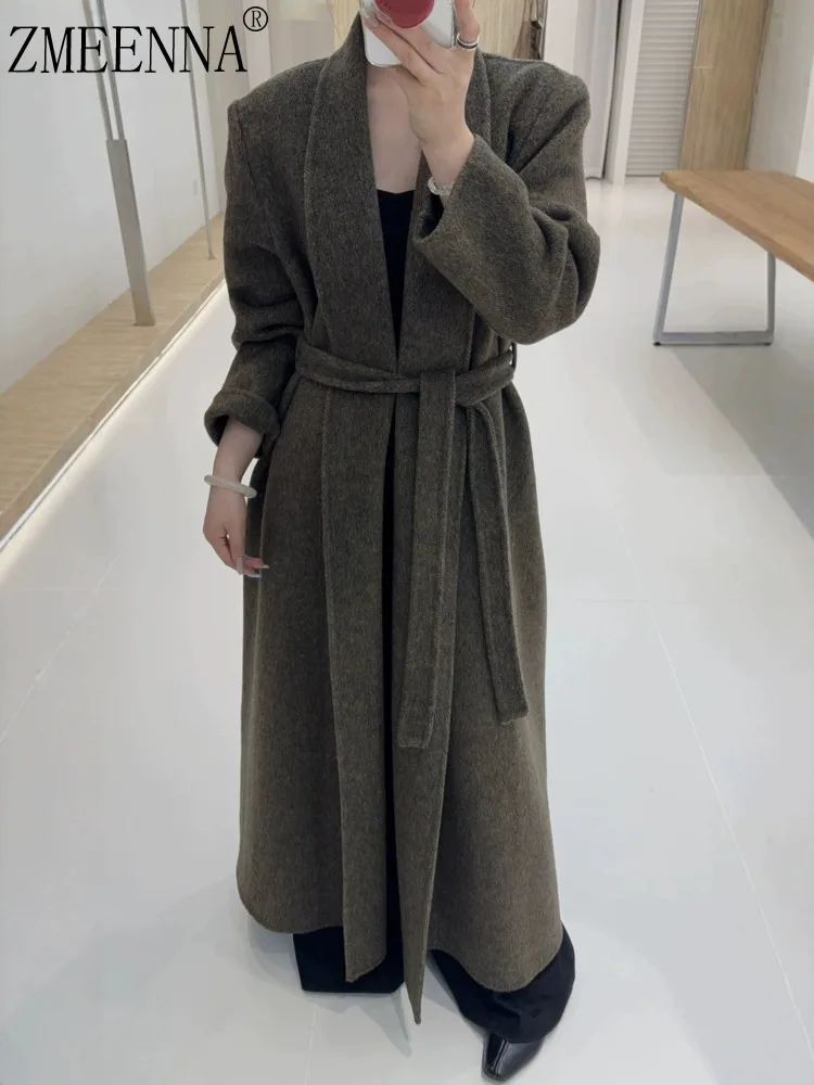 

ZMEENNA New Winter Styles Forest Green Shawl Collar Wool Blend Long Coat Elegant Belted Open Front Overcoat ZM3587