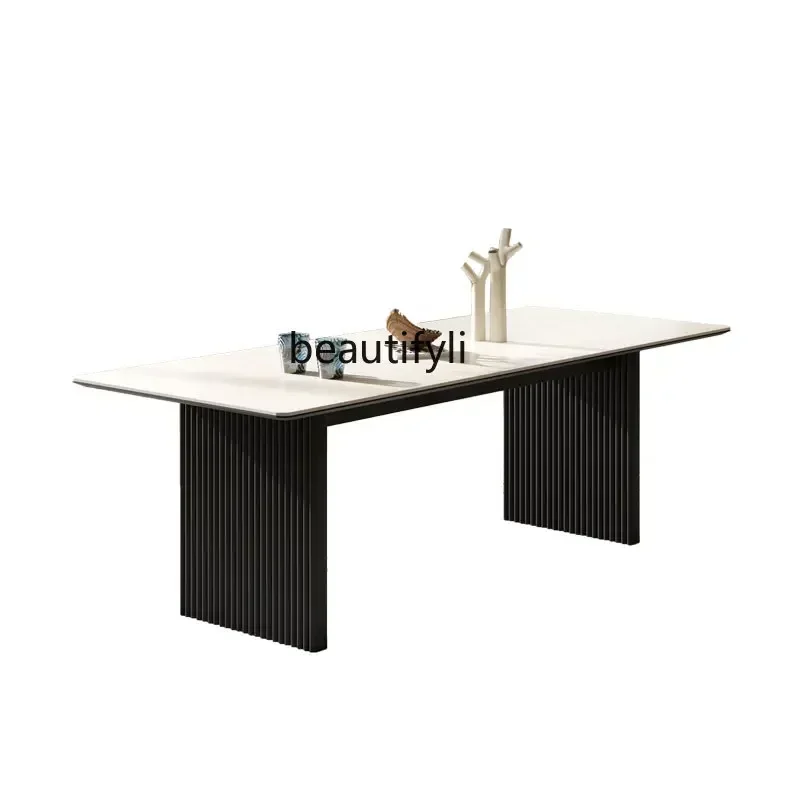 z183  Imported travertine rock slab dining table light luxury rectangular island platform ash wood table and chair combination
