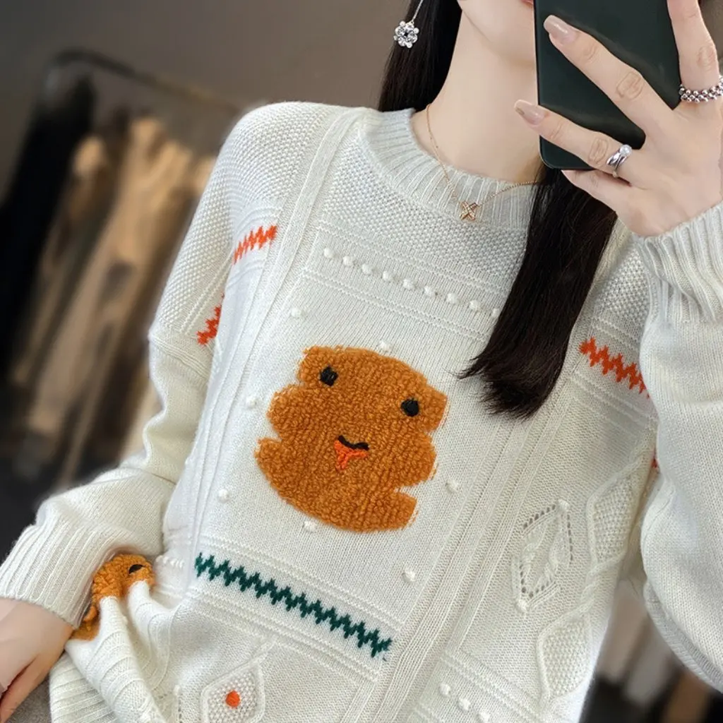 

Korean Women's round Neck Cashmere Sweater Autumn Winter New Loose Short Sleeve Embroidered Wool Base Knit Top