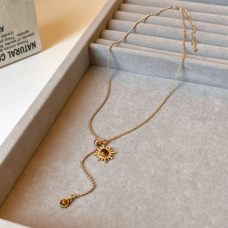 Lange Sonnenblume Tigerauge Stein Anhänger Halskette für Damen Accessoires 2025, neue Herbst/Winter Pullover Kette Licht Luxus Schmuck – Detail 9