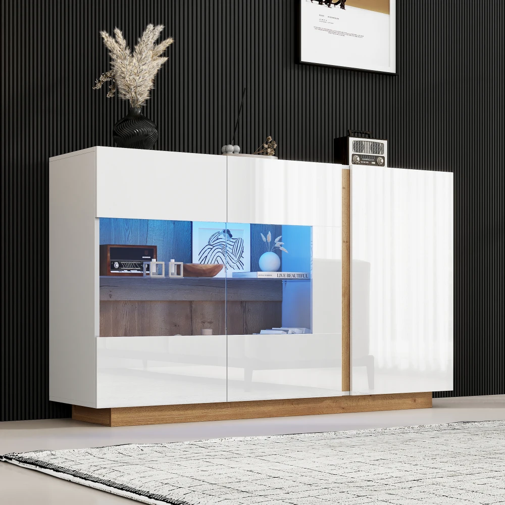  Armoire blanche brillante de 138x90,5 cm – Présentoir frontal en verre avec base en bois, rangement de couverts de 38 cm de profondeur pour salle à manger 