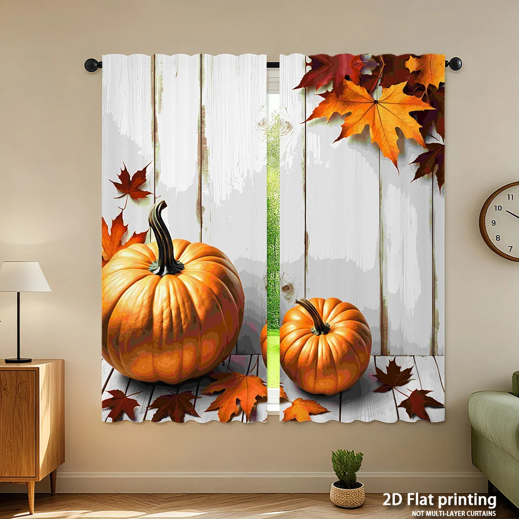 2-piece set of high-definition digital printed curtainsautumnpumpkinsonwhitewoodbackgroundwithmapleleavesHome decoration style