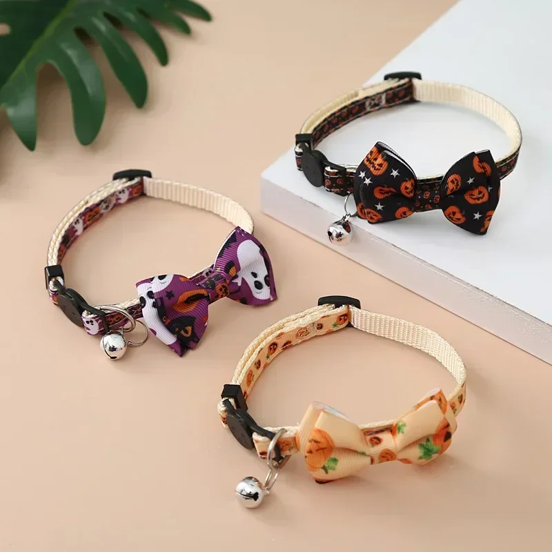 Halloween Pet Cat Collar with Bell Bowknot Kitten Puppy Necklace Adjustable Safety Buckle Strap Chihuahua Bow Tie Pet Supplies