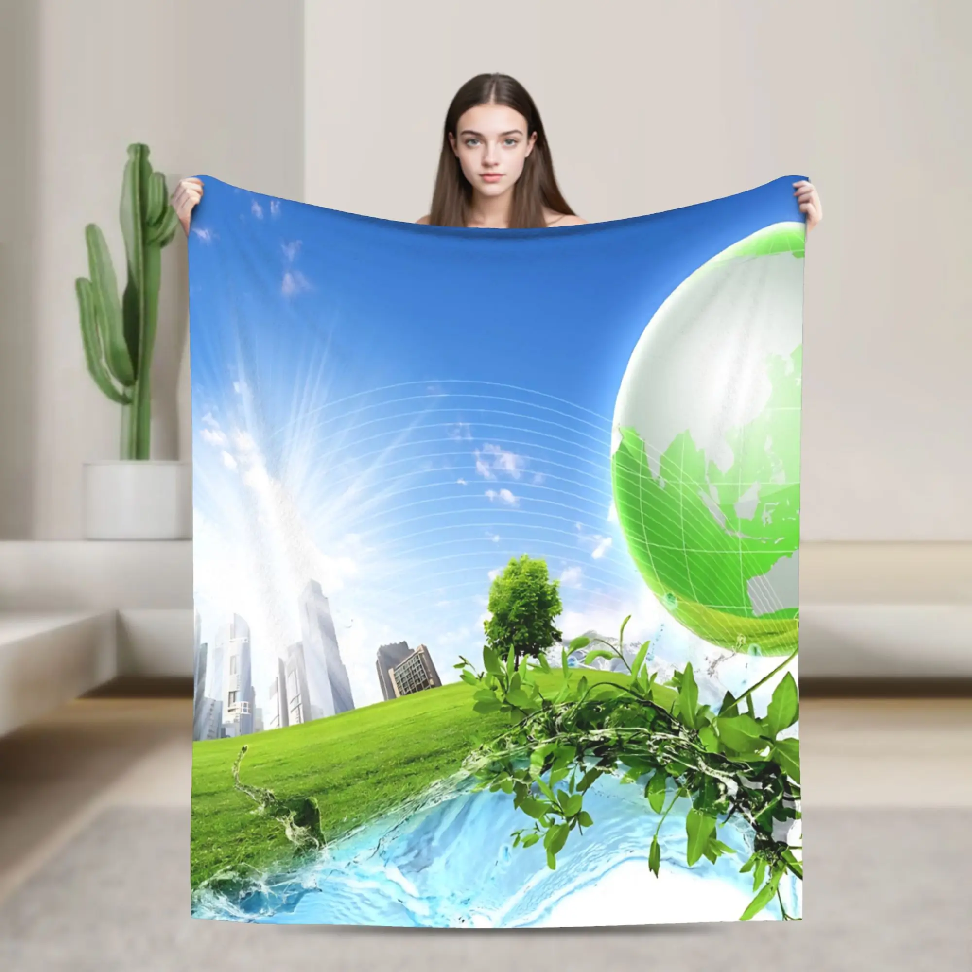 Frutiger Aero Global Nature City Fleece Throw Blanket  Blanket for Home Couch Lightweight Thin Bedding Throws