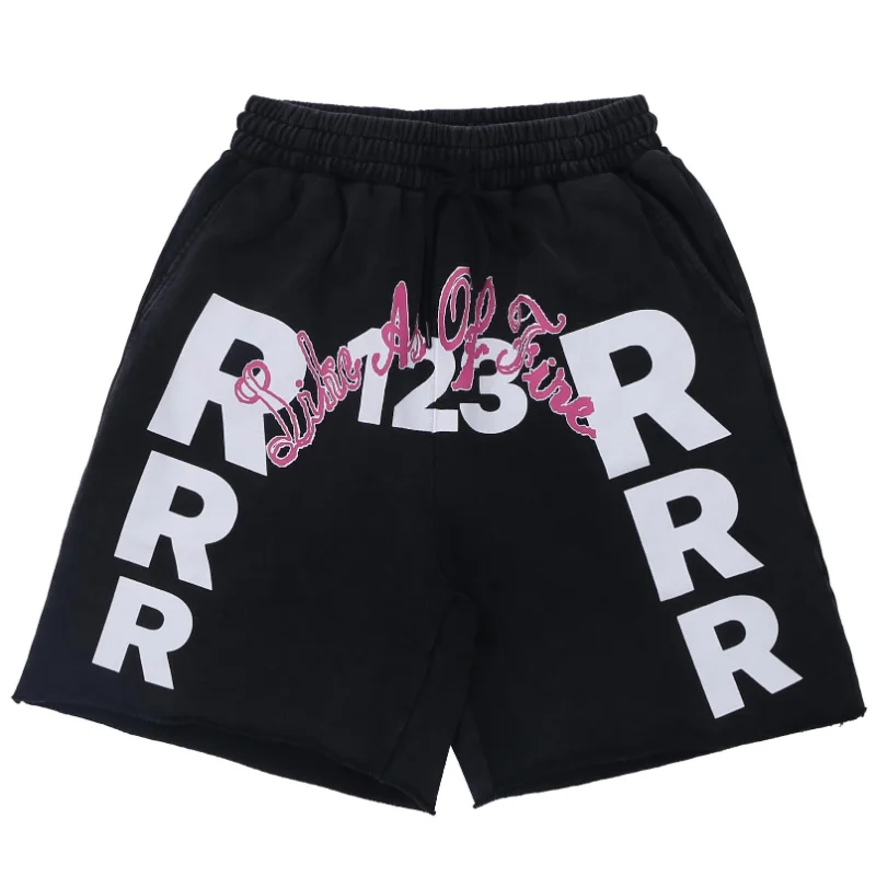 

New Style Washed Drawstring Letter Logo RRR123 Shorts Men Women EU Size Pure Cotton RRR123 Shorts Soft Fabric