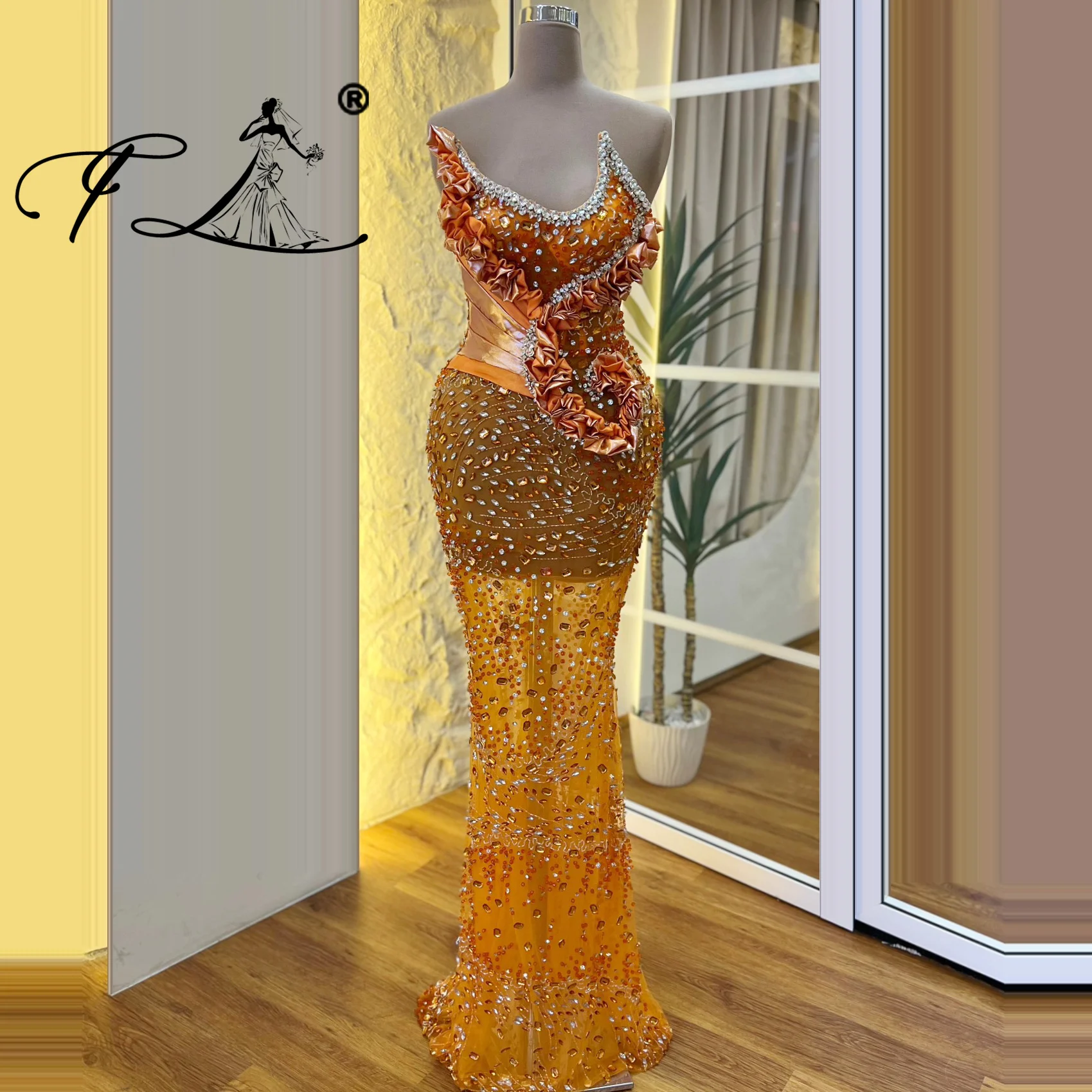 Sexy Orange Evening Dresses 2025 Rhinestone Prom Dress Illusion Chic Outfit Dresses Of The Day Crystal Sheath Party Dresses