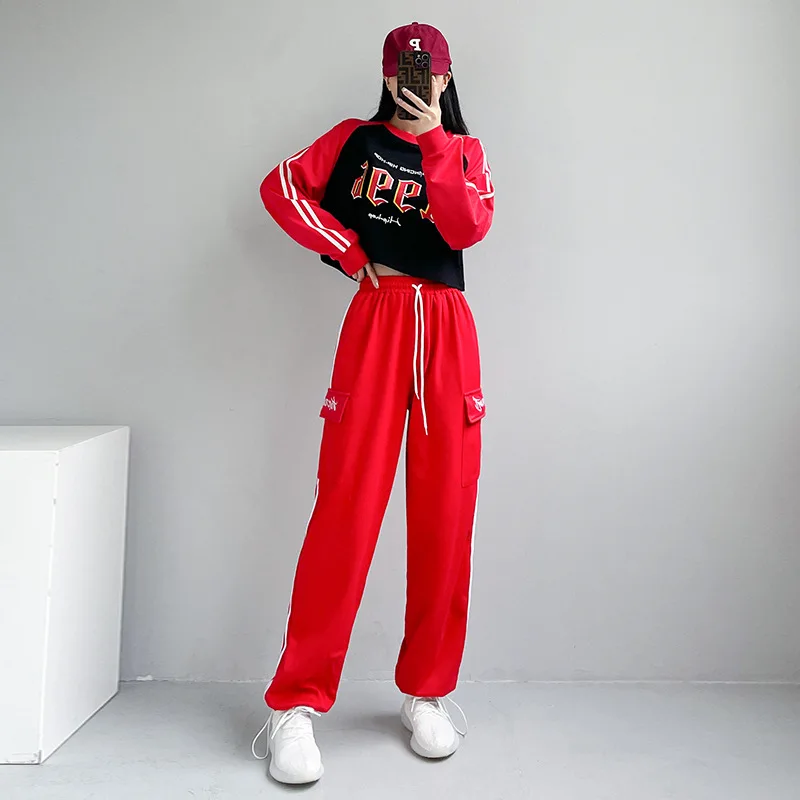 Street Dance Hip-hop Dance Clothes Women Pant Suit Tracksuit Wear Round Neck Color Blocking Korean Group Costume Dance Wear