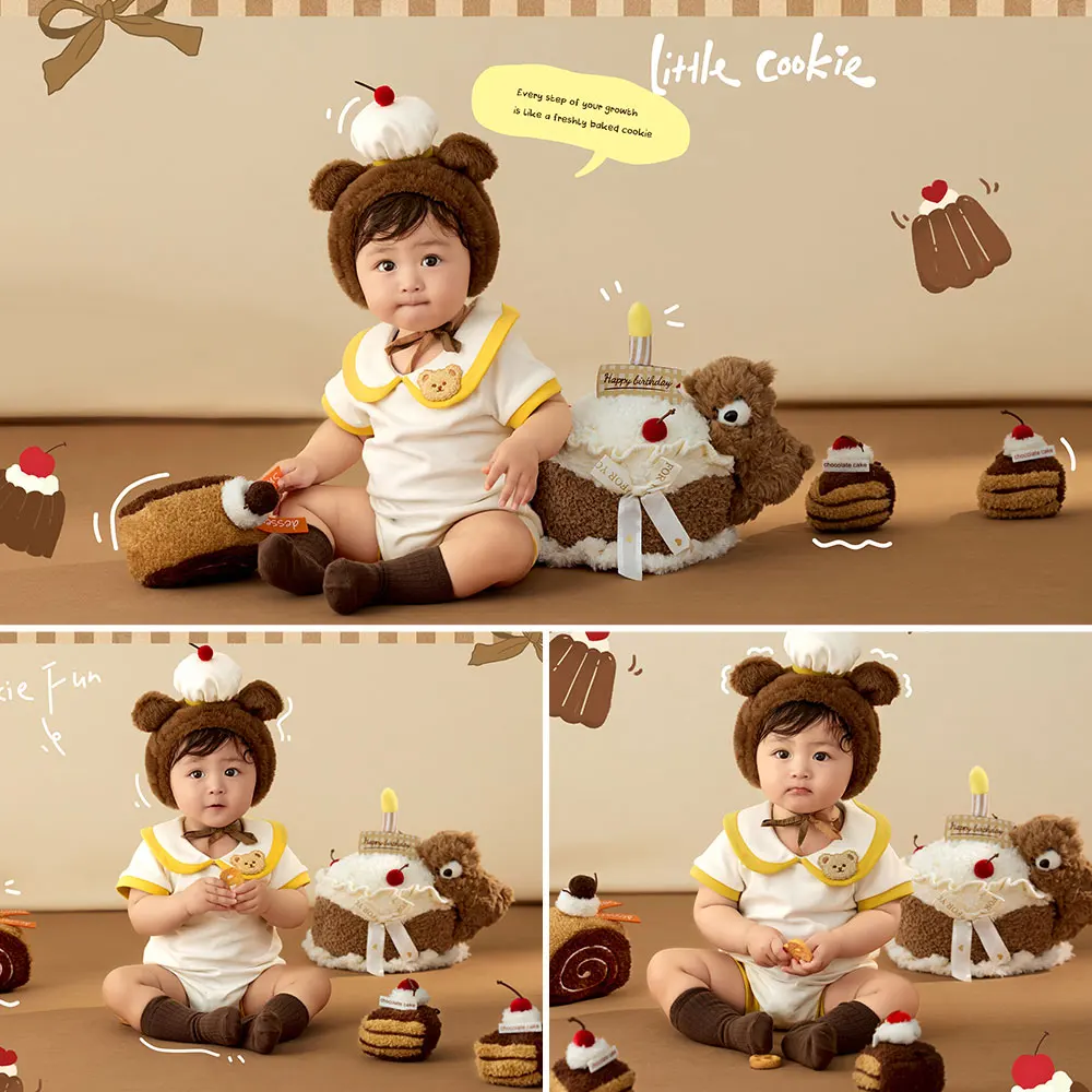 

Вязаный комплект для новорожденных 0-1 месяц: милый костюм с медвежонком, игрушка-кекс и шапочка-медвежонок для фотосессий