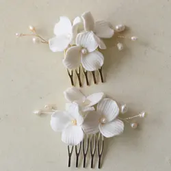 Handmade White Ceramic Flower Hair Comb Bridal Headdress Tiny Pearl Wedding Hair Accessories Earring Jewelry