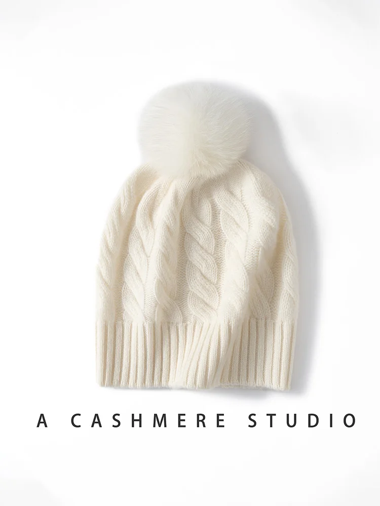 新しい秋冬の女性カシミヤ帽子 100% カシミヤケーブルニット帽子暖かいプルオーバーキャップカジュアルシンプルなスタイルカシミヤ帽子トップス