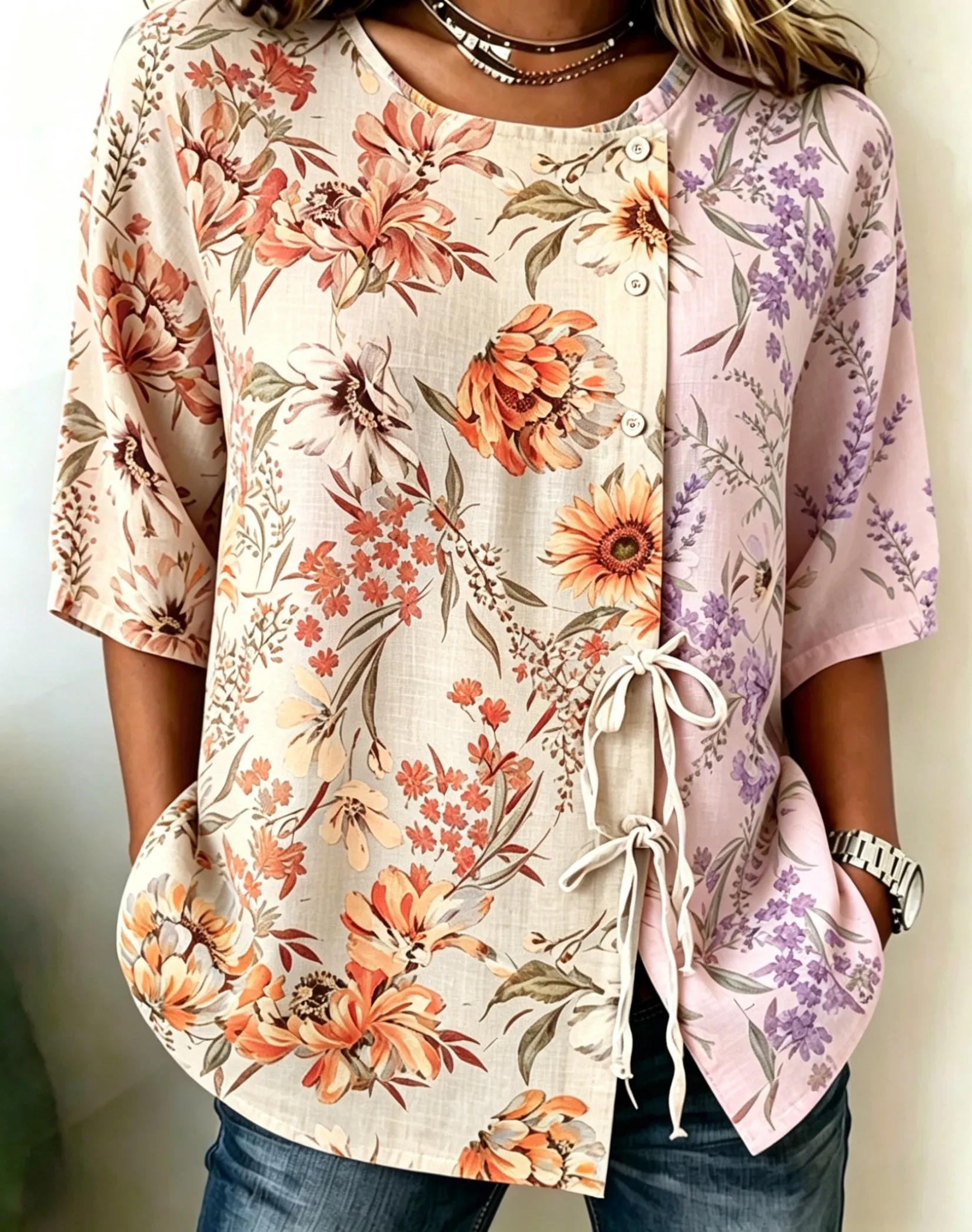 Women's Two-Tone Floral Print Drawstring Button Up Blouse, Casual Round Neck Tops for Spring Summer Daily Wear