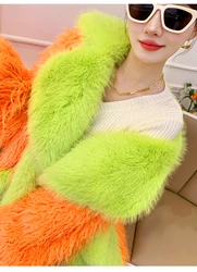 winter new Orange fruit green eco-friendly fur long loose collar fur coat beach wool large pocket coat thick cotton top 2024