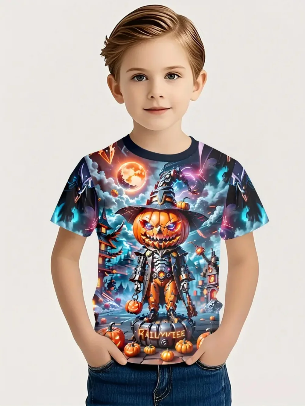 Halloween Boy's T-Shirt Pumpkin Pattern Summer Short Sleeves Skull Fashion Print Kids Tops 2-10y Party Gift Children's Clothing