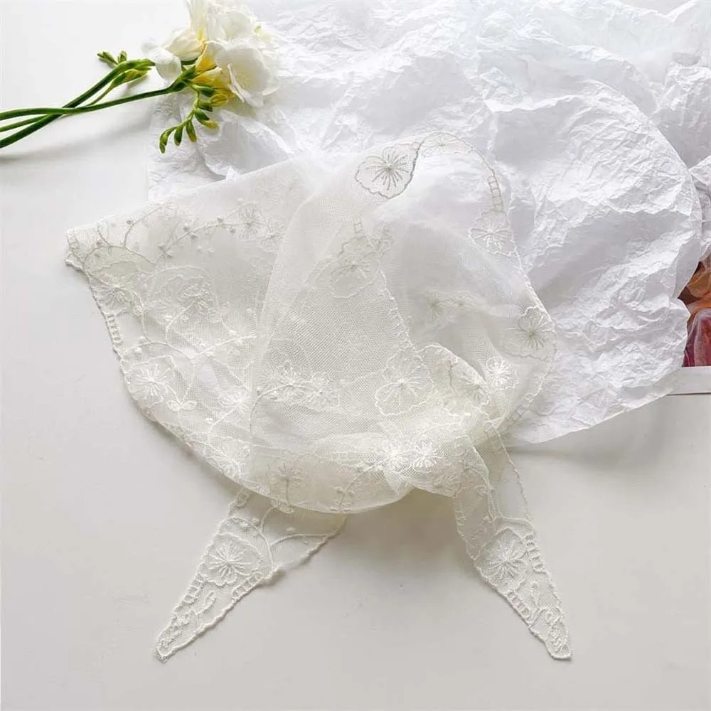 

Breathable Lace Triangle Scarf Lightweight Wraps Ramie Head Scarf Pastoral Style Polyester Thin Embroidered Flowers Headband
